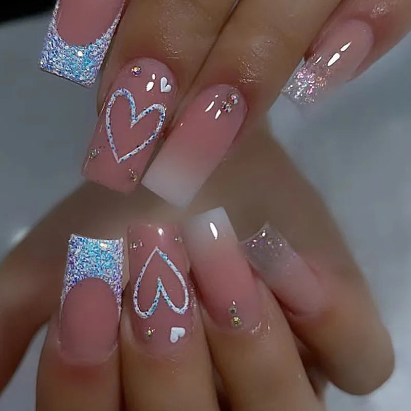 Pink Ombré Heart French Tip Press-On Nails With Silver-Blue Glitter