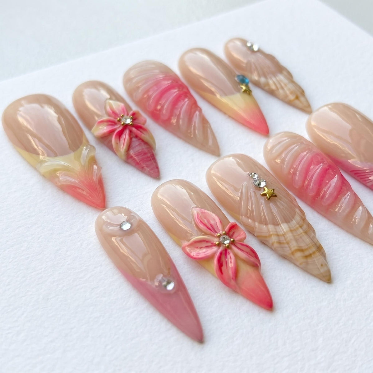 Pink Ombré Tropical Beach Press-On Nails With 3D Flowers and Shell Details