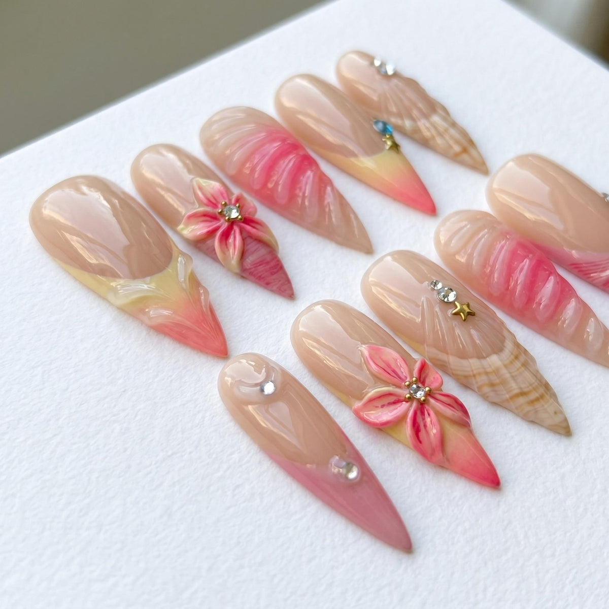 Pink Ombré Tropical Beach Press-On Nails With 3D Flowers and Shell Details