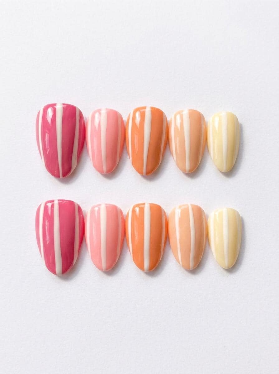 Pink, Orange, and Yellow Gradient Nails with White Wavy Stripes