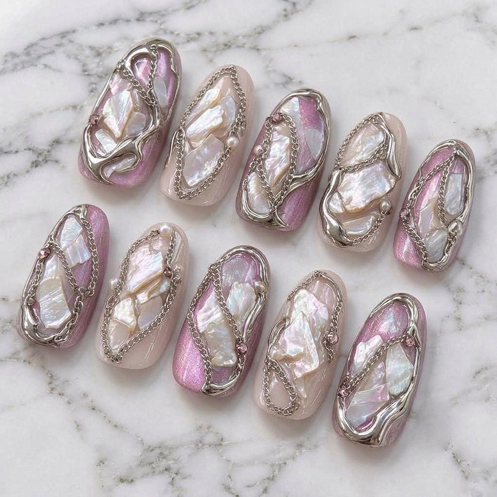 Pink Pearl Chrome Nails With Iridescent Shell Inlays and Silver Chain Details, Y2K Nail Set