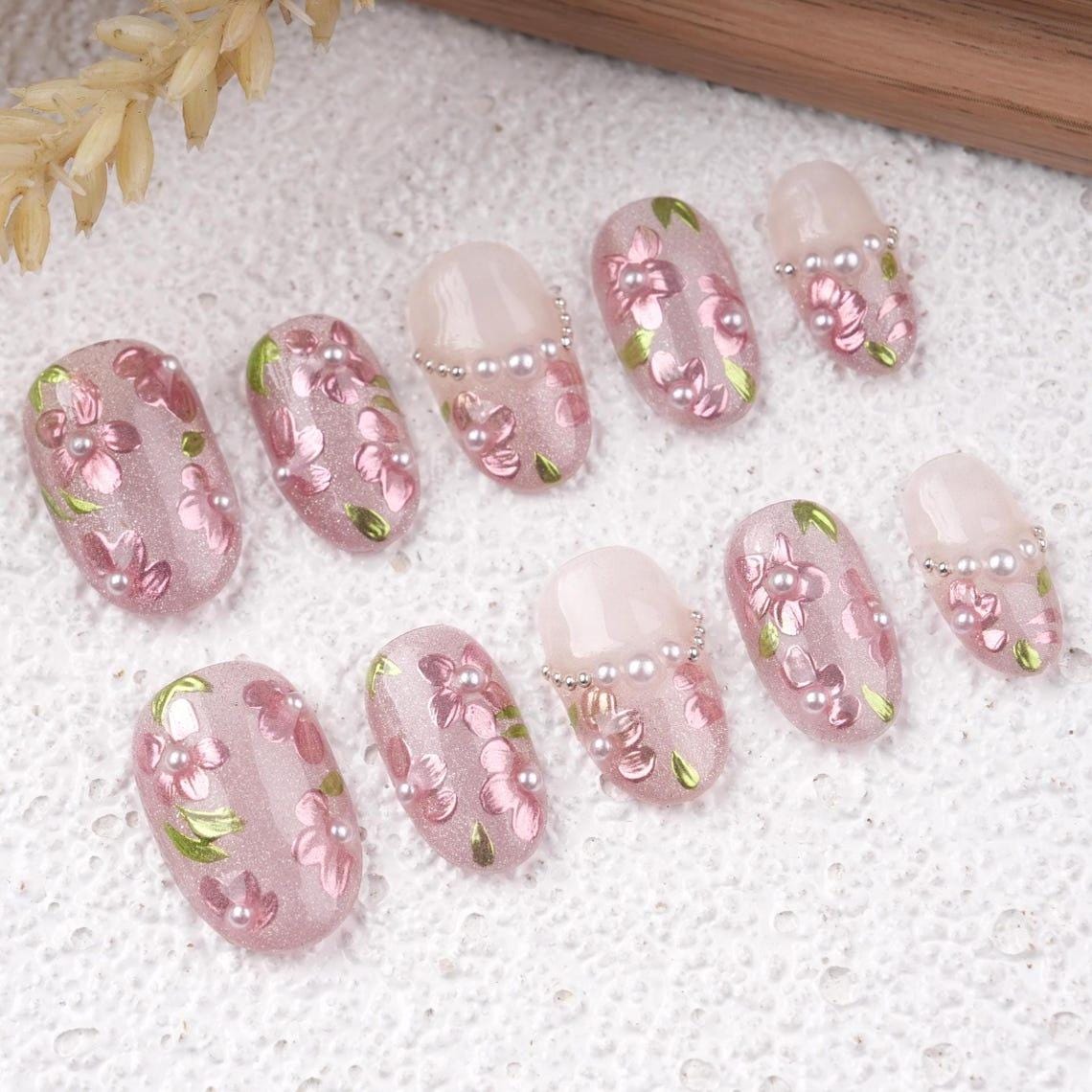 Pink Pearl Flower Glitter Press On Nails