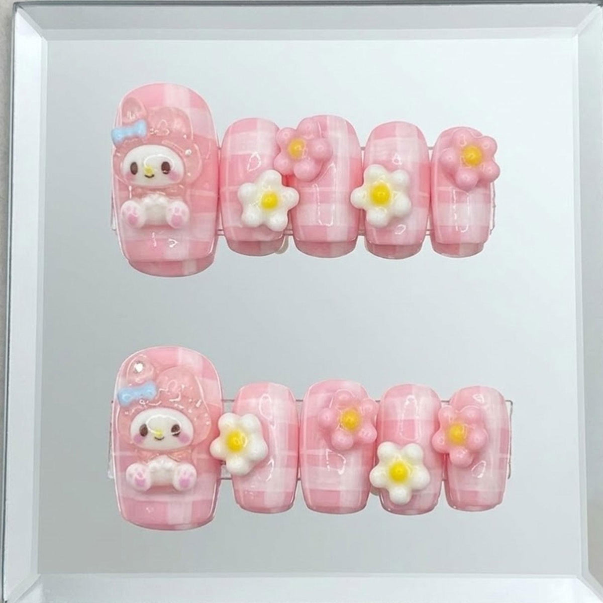 Pink Plaid Character Nails With 3D Flowers