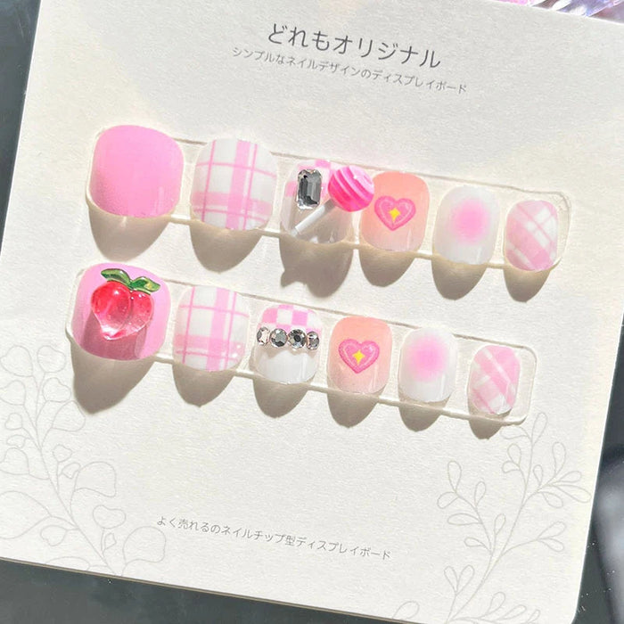 Pink Plaid Strawberry Press-On Nail Set With Hearts and Rhinestones