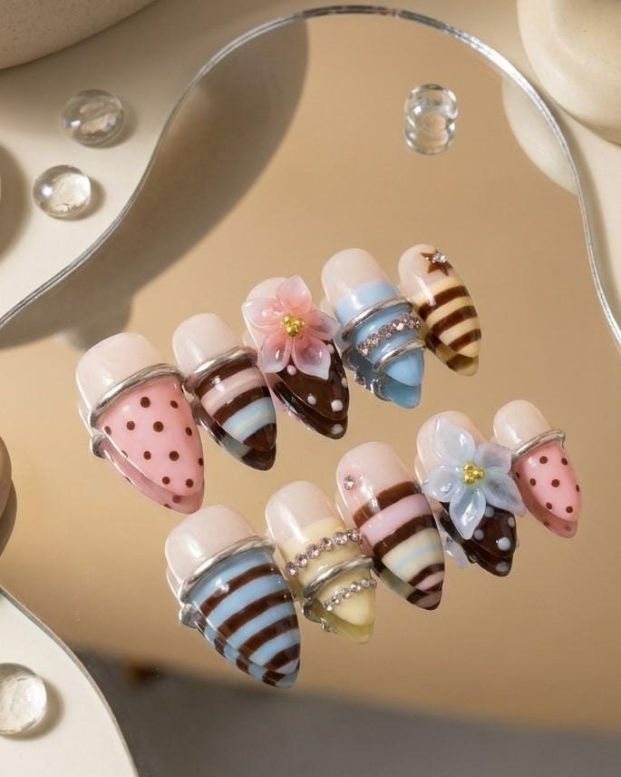 Pink Polka Dot and Striped 3D Flower Nail Set
