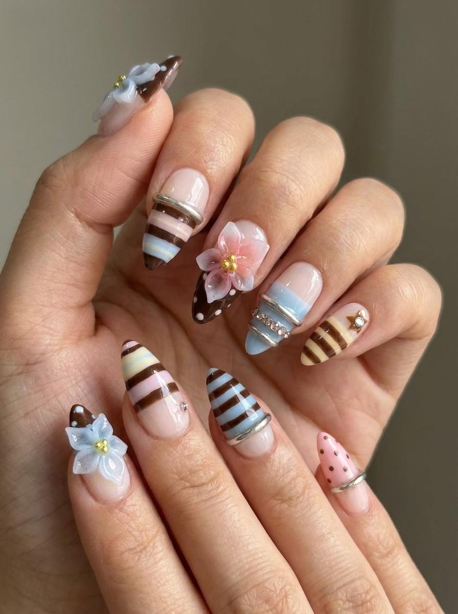 Pink Polka Dot and Striped 3D Flower Nail Set