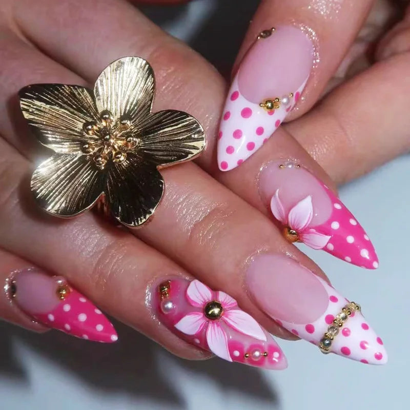 Pink Polka Dot Floral French Tip Press On Nails