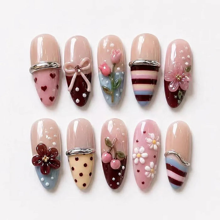 Pink Polka Dot Press-On Nails With 3D Bows, Cherries, and Floral Accents