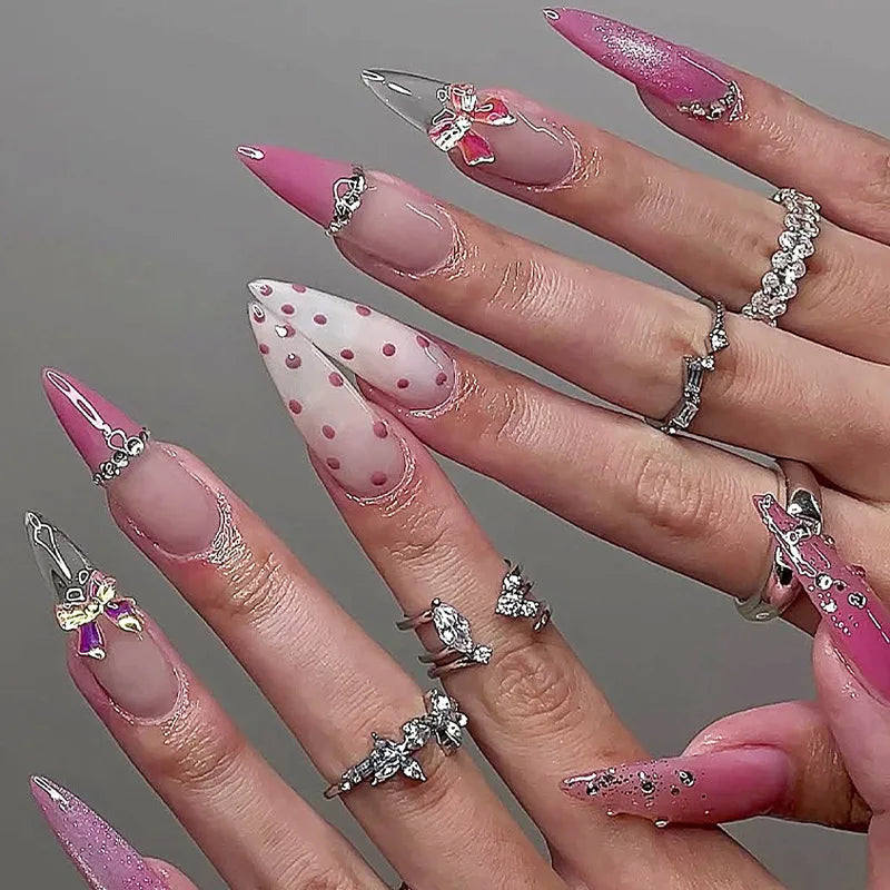 Pink Polka Dot Press On Nails with Silver Rhinestone Charms