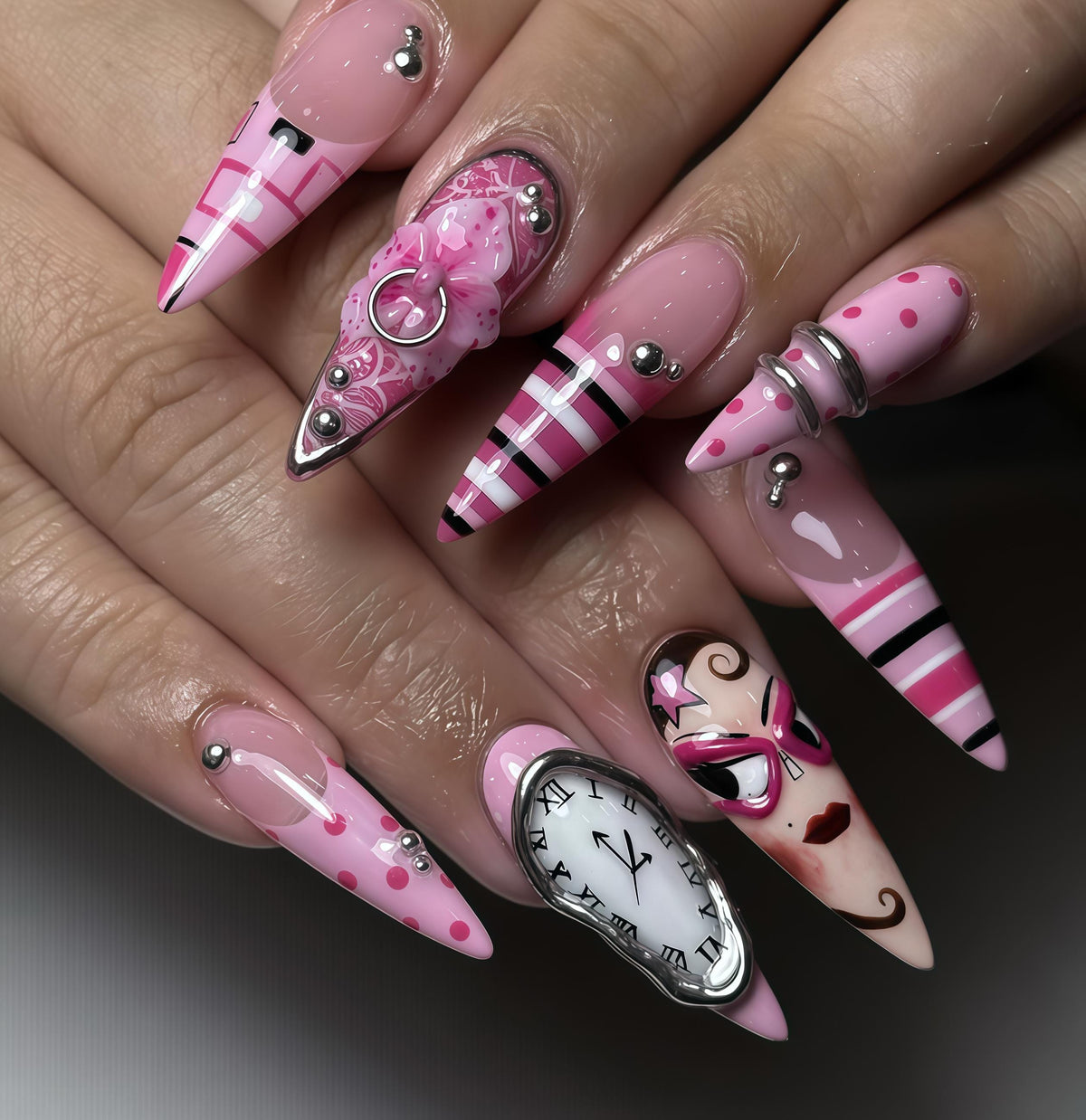Pink Pop Art Nails With Stripes, Face Illustration, Clock Charm and Silver Details