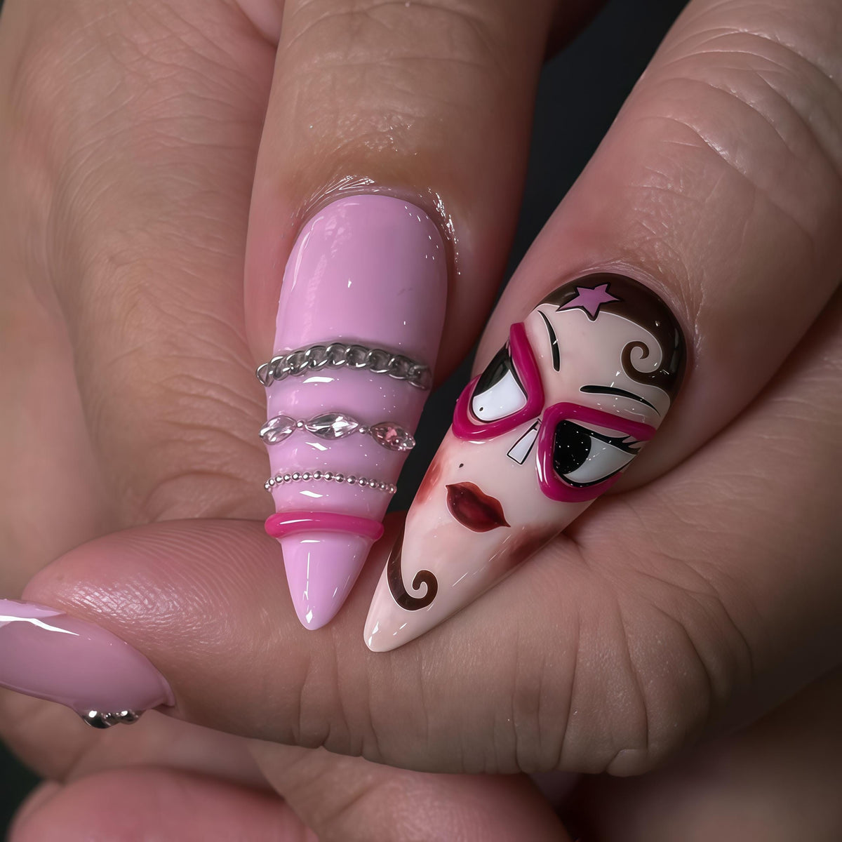 Pink Pop Art Nails With Stripes, Face Illustration, Clock Charm and Silver Details
