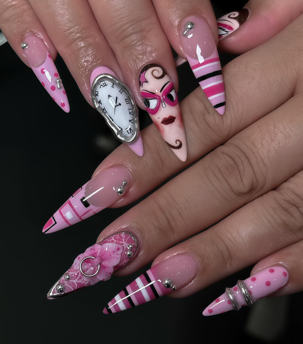 Pink Pop Art Nails With Stripes, Face Illustration, Clock Charm and Silver Details