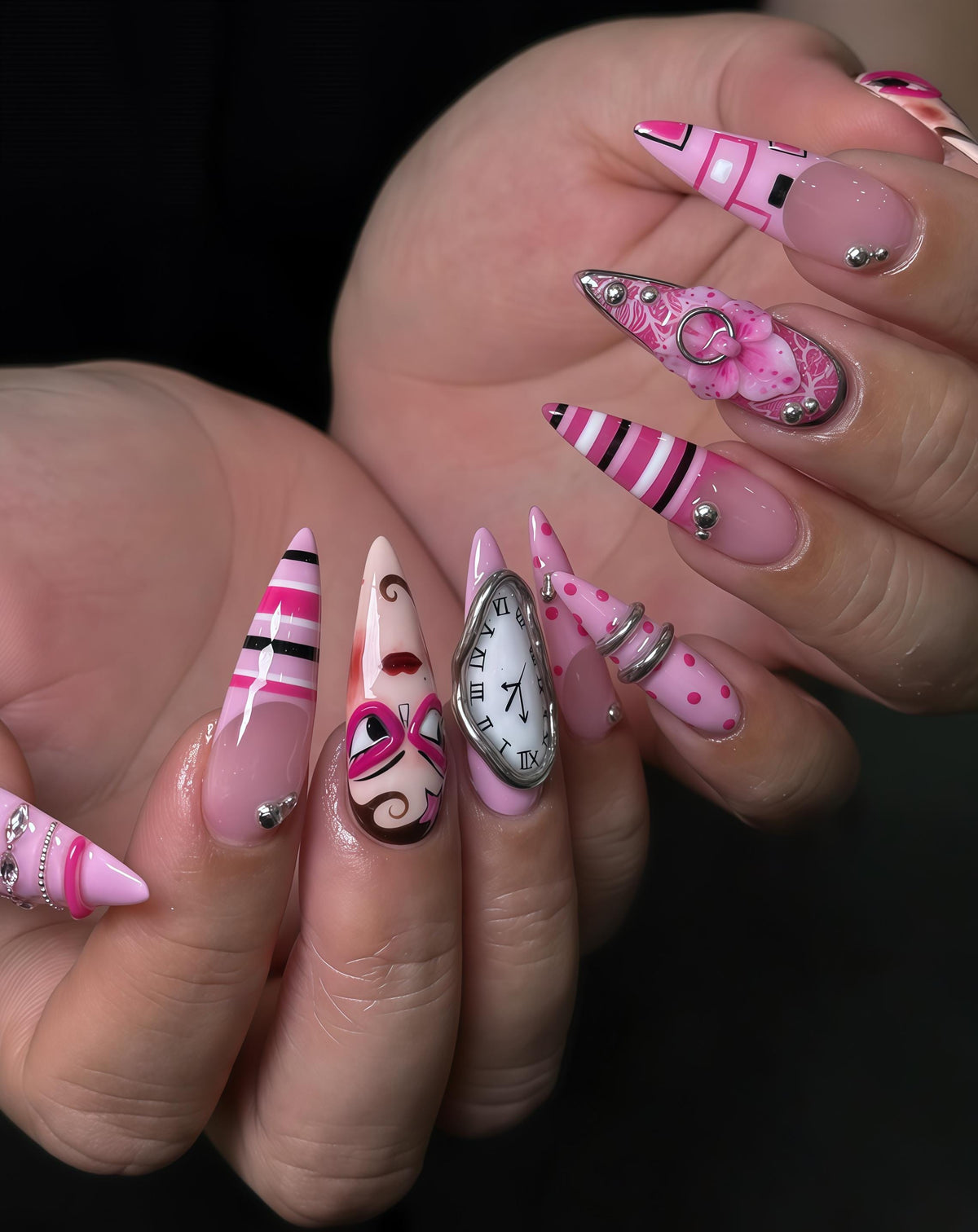 Pink Pop Art Nails With Stripes, Face Illustration, Clock Charm and Silver Details