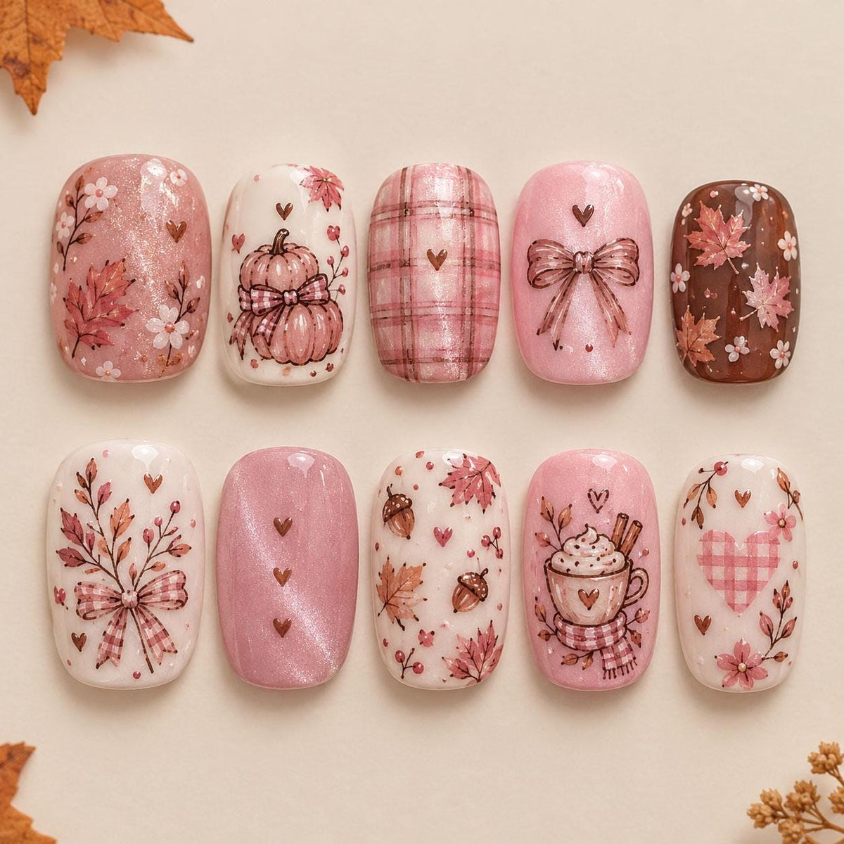 Pink Pumpkin, Coffee Cup & Plaid Fall Nail Set