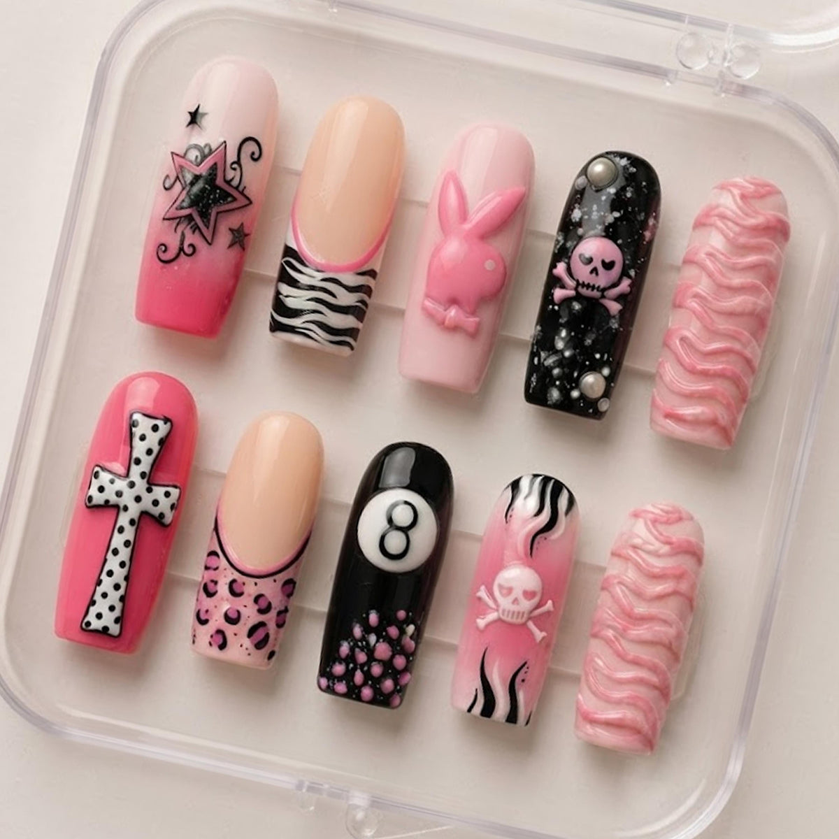 Pink Punk Y2K Nail Set With Raised Bunny, Skull, Zebra Stripes and 8-Ball