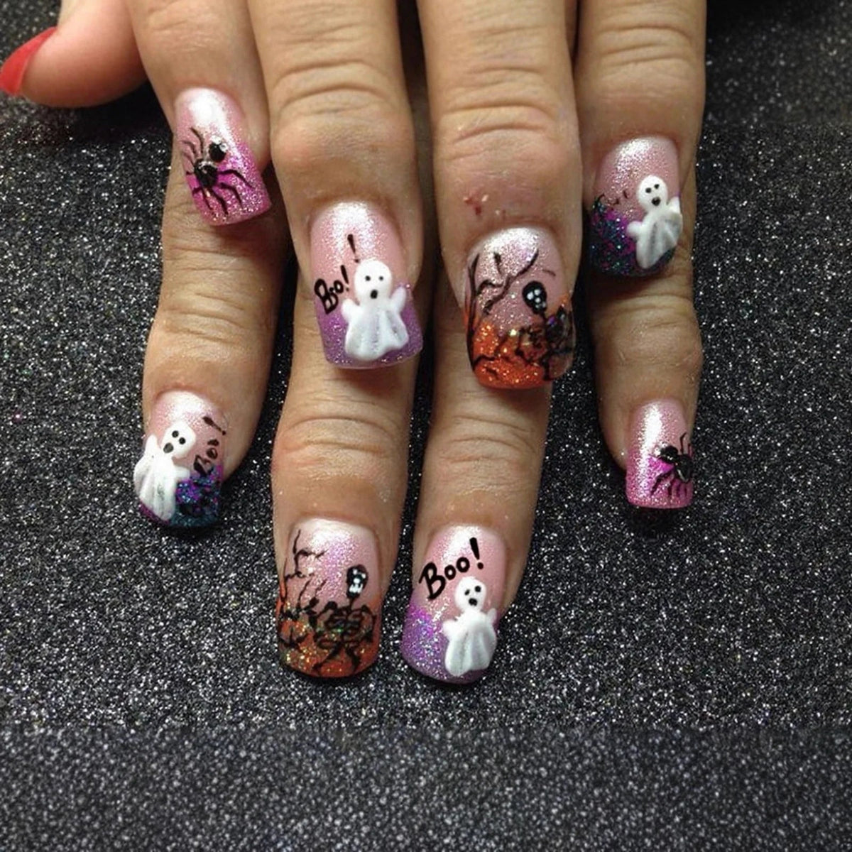 Pink-Purple Glitter Halloween Press-On Nails with 3D Ghosts, Spiders and “Boo!”