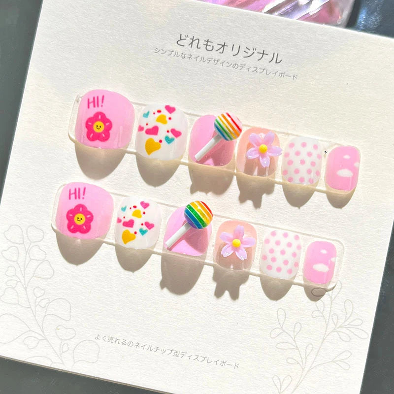 Pink Rainbow Heart and Flower Press-On Nails
