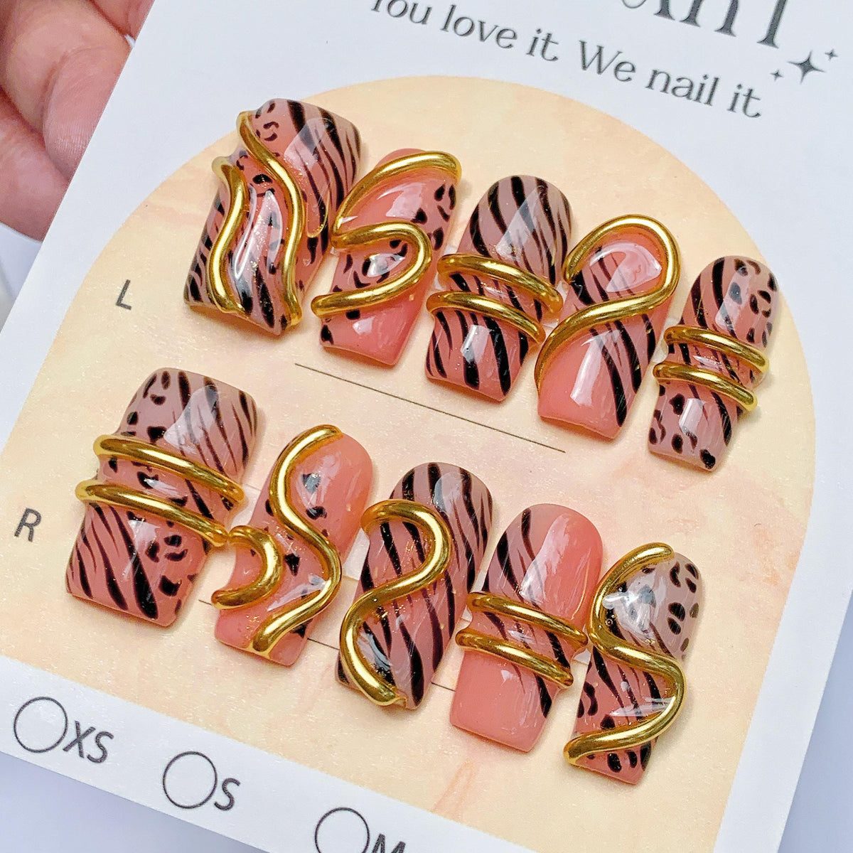 Pink Safari Animal Print Press-On Nails With Gold Chrome Details