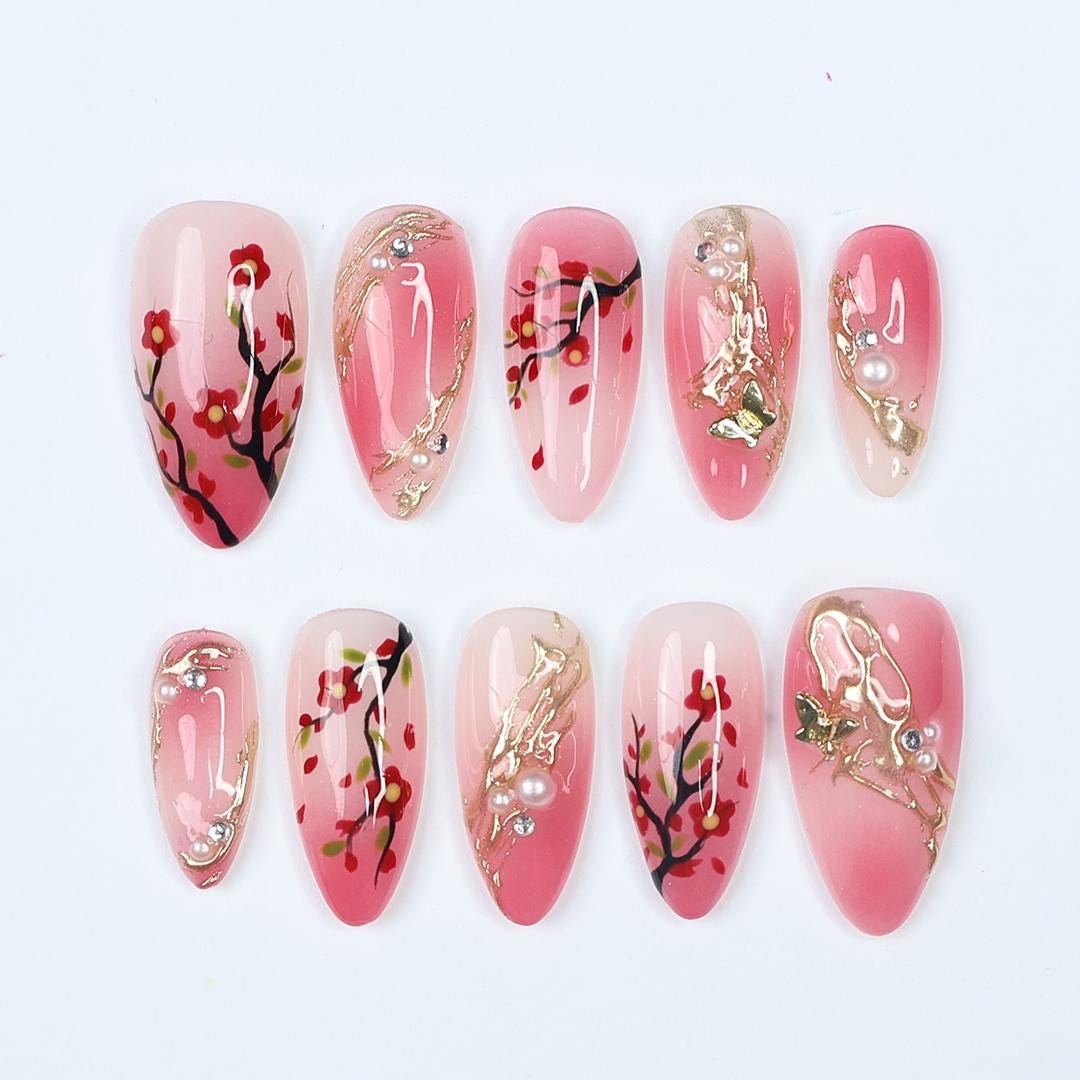 Pink Sakura Branch Press On Nails with Gold Floral Ornaments and Pearl Accents
