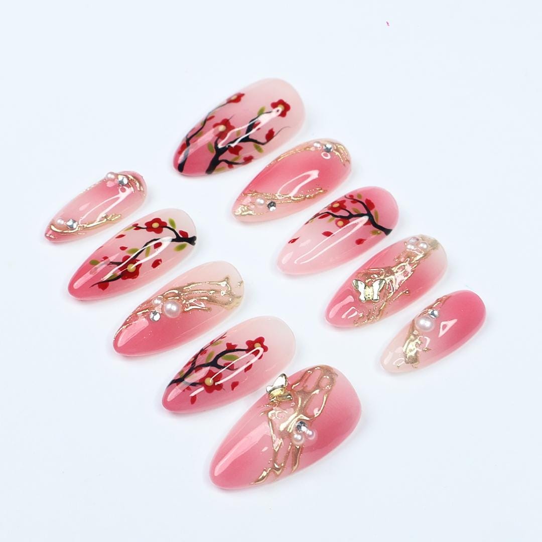 Pink Sakura Branch Press On Nails with Gold Floral Ornaments and Pearl Accents