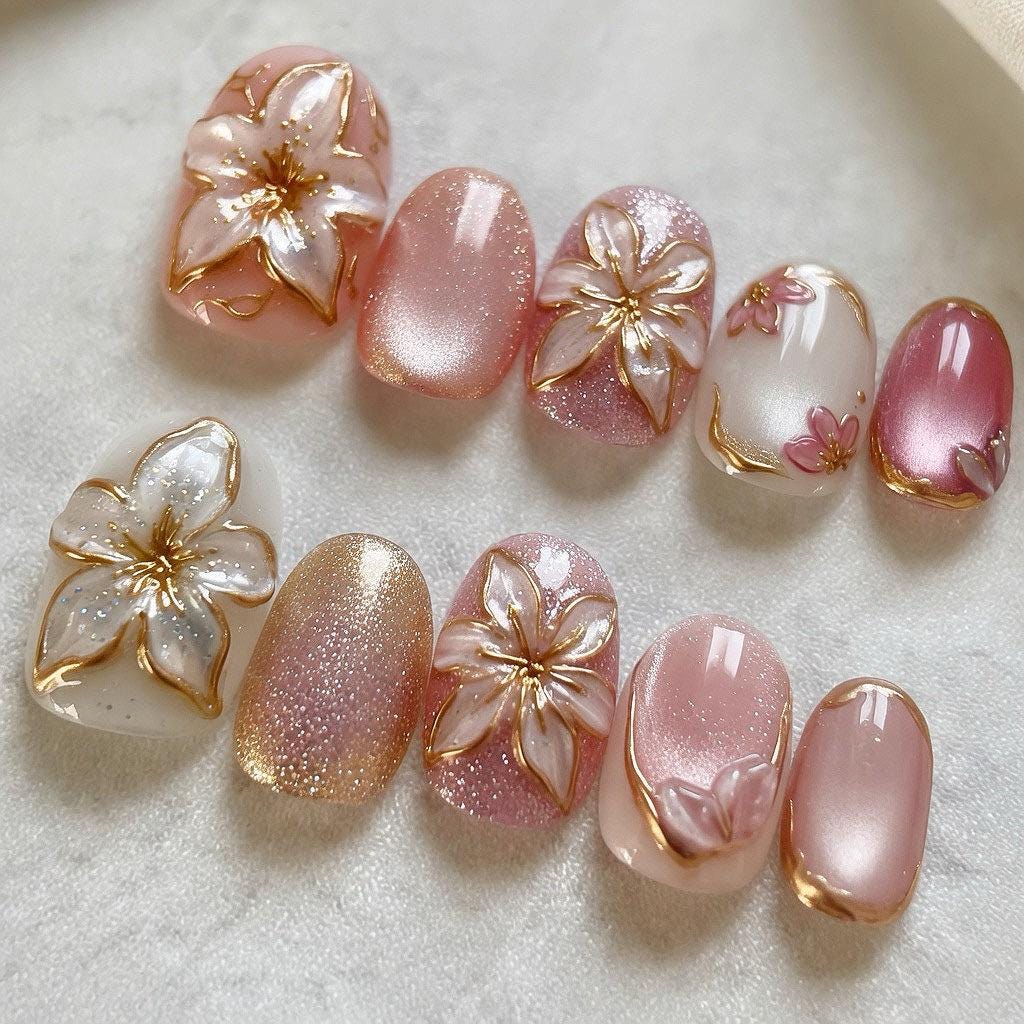 Pink Sakura Flower Press-On Nails With Sculpted Gold-Outlined Blooms