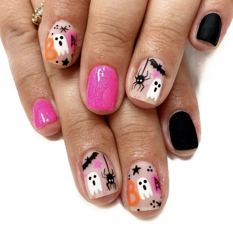 Pink Shimmer and Black Halloween Ghost Press-On Nail Set