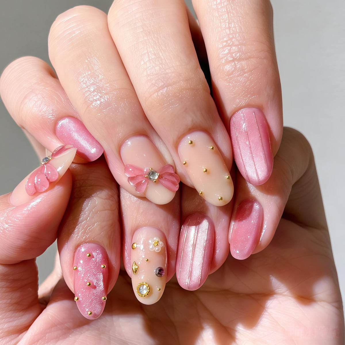 Pink Shimmer Bow Press On Nails With Gold Studs and Rhinestones
