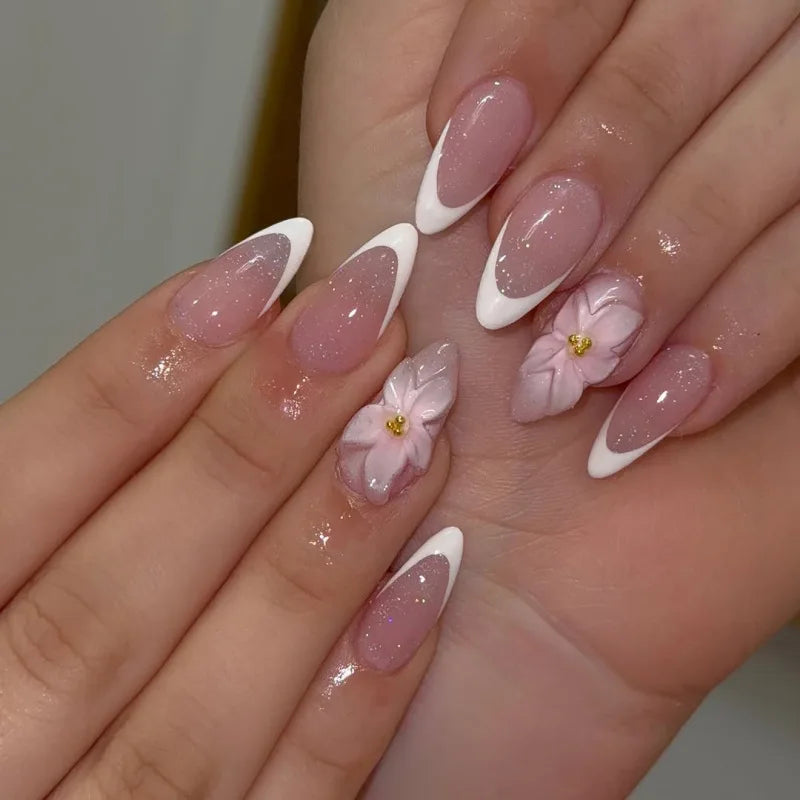 Pink Shimmer French Tip Nails with Raised Flowers