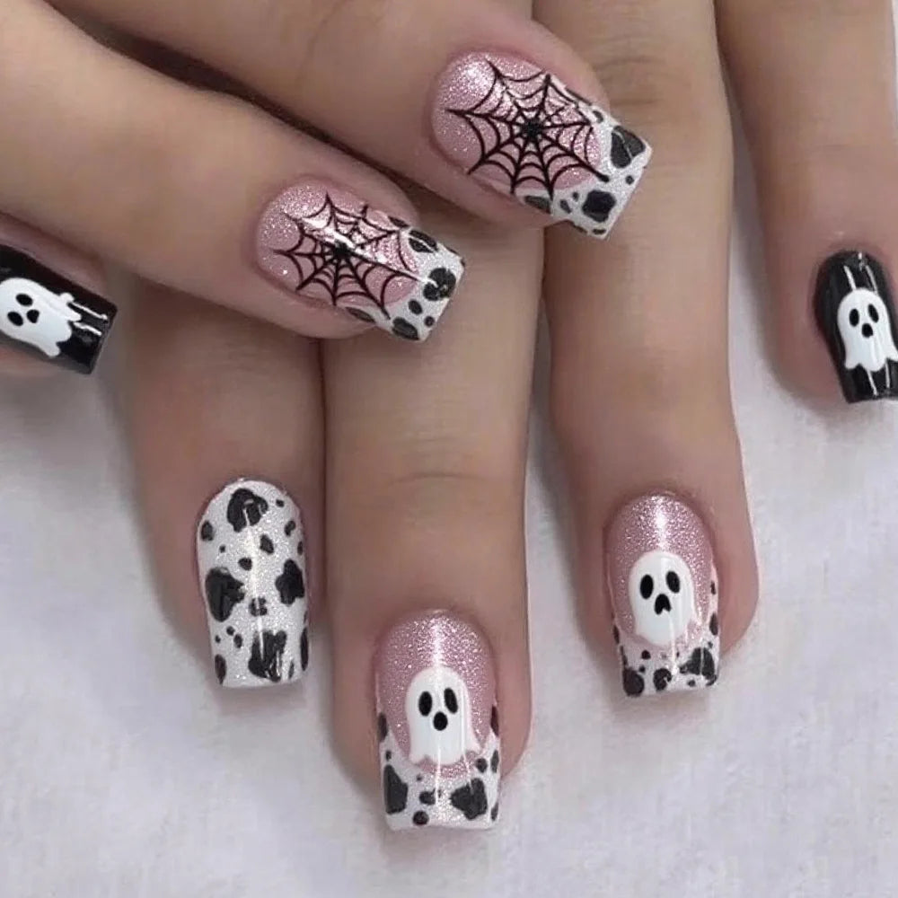 Pink Shimmer Halloween Press On Nails with Spiderwebs and Ghosts