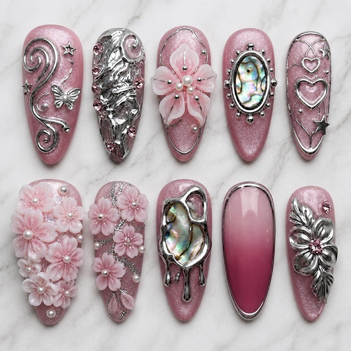 Pink Shimmer Press On Nails With 3D Flowers, Pearls and Silver Fairy Coquette Details