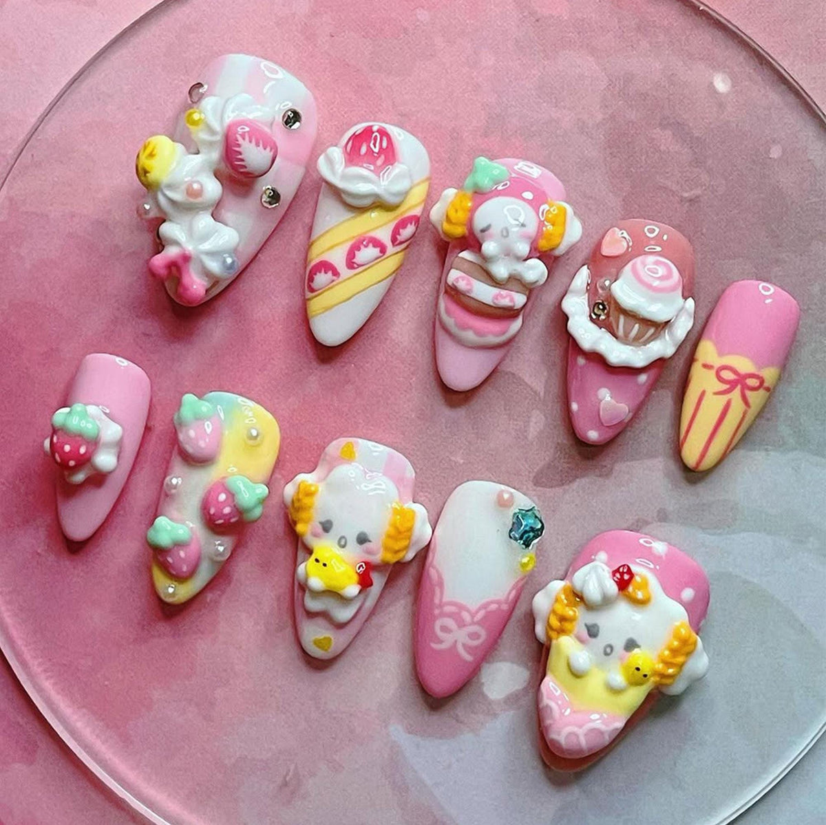 Pink Strawberry Cake Press On Nails With 3D Dessert Details and Bows