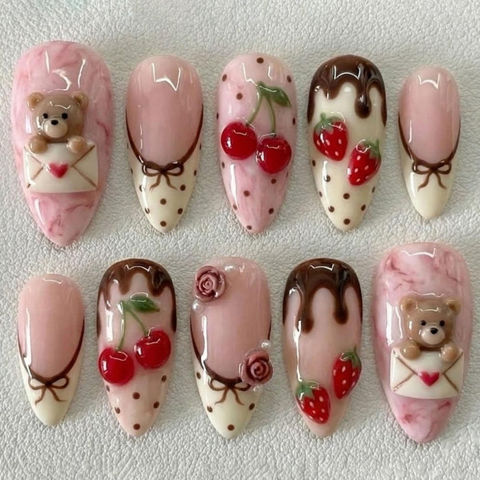 Pink Strawberry Cherry Bear Press On Nails With Chocolate Drips and Bows
