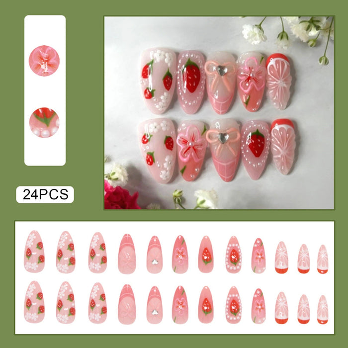 Pink Strawberry French Tip Press On Nails with Raised Flowers, Bows and Pearl-Like Accents