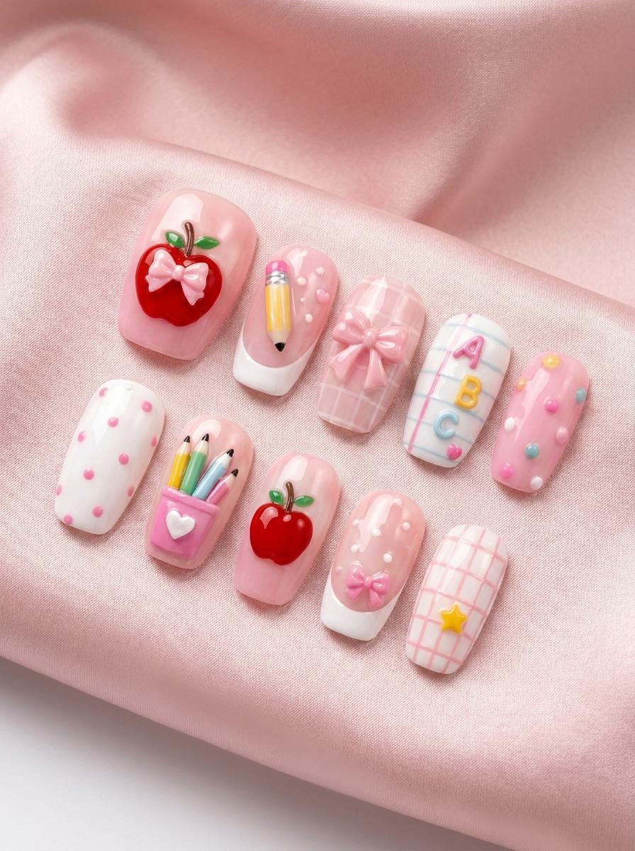 Pink Teacher Nail Set with Apples, Pencils, Bows, Alphabet Letters and Plaid