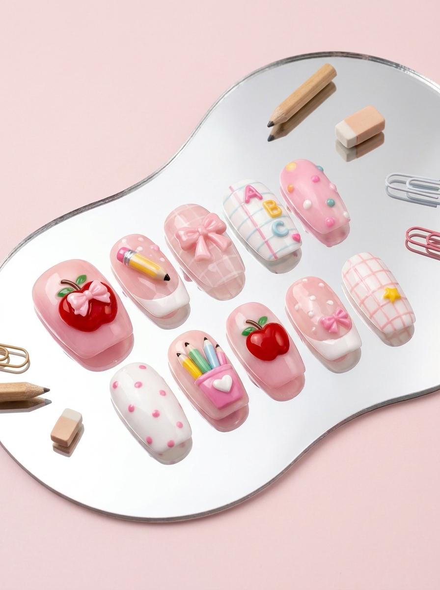 Pink Teacher Nail Set with Apples, Pencils, Bows, Alphabet Letters and Plaid