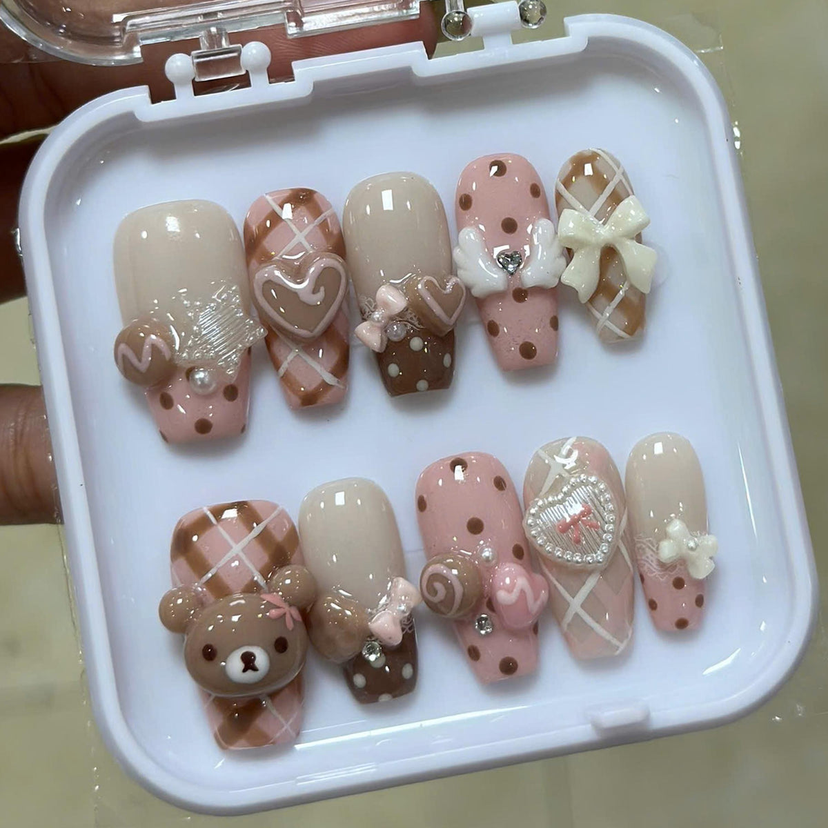 Pink Teddy Bear Press On Nails With Plaid, Bows, Hearts & Pearls