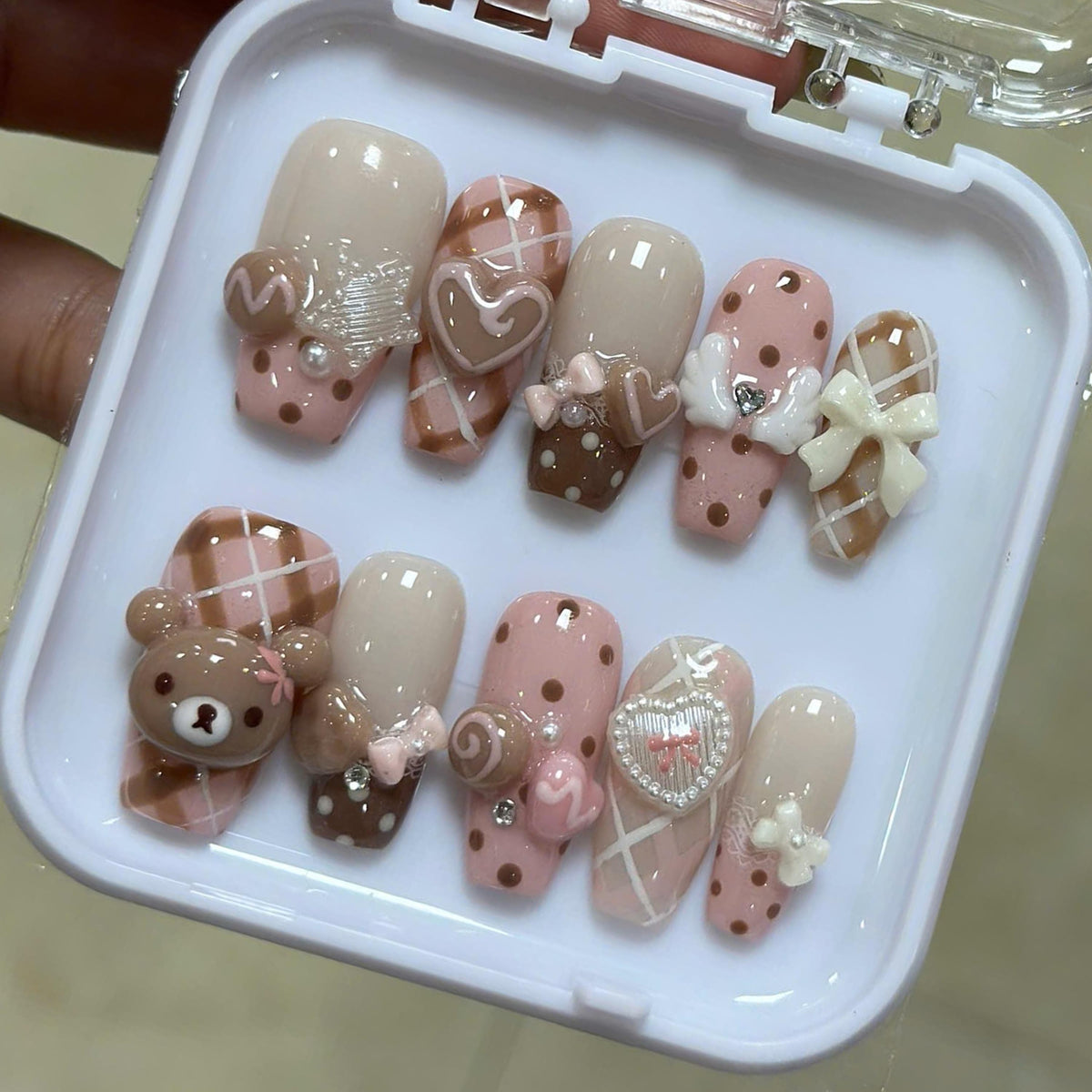Pink Teddy Bear Press On Nails With Plaid, Bows, Hearts & Pearls