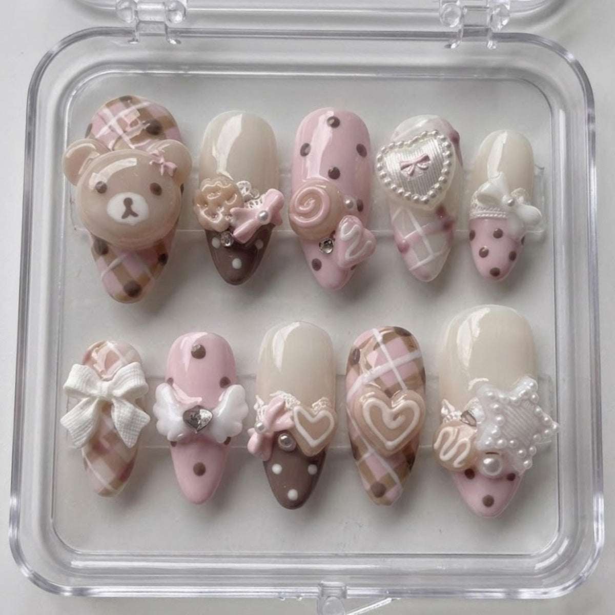 Pink Teddy Bear Press On Nails With Plaid, Bows, Hearts & Pearls