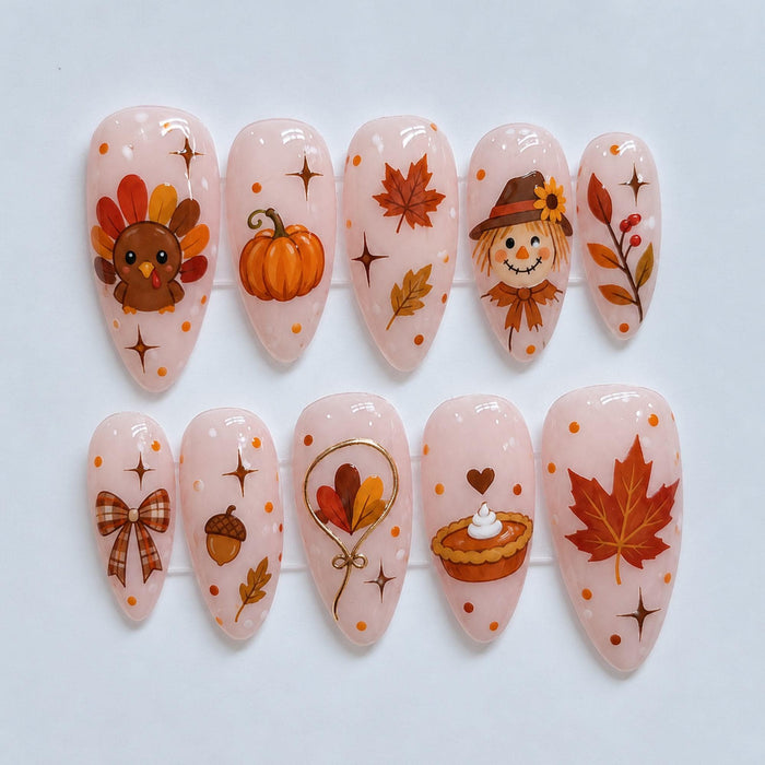 Pink Thanksgiving Press On Nails With Pumpkin, Turkey, Maple Leaves and Autumn Details