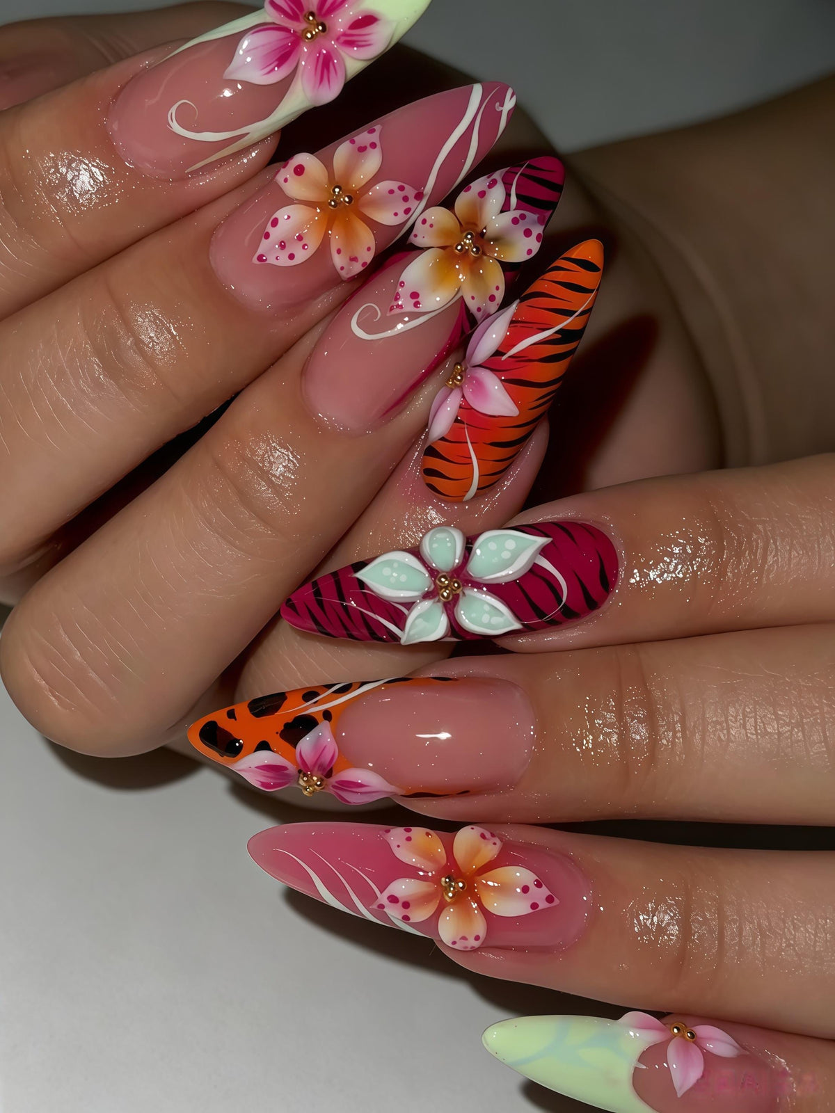 Pink Tropical Flower and Animal Print Nail Set
