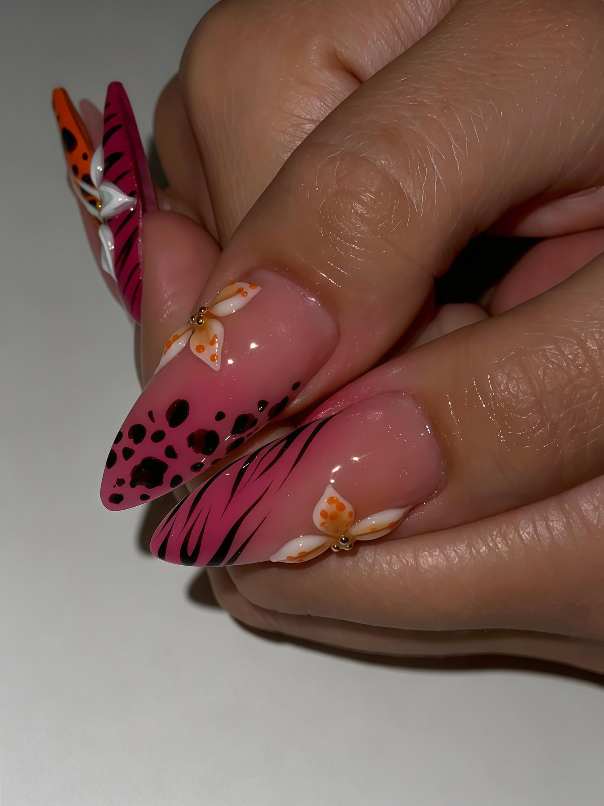Pink Tropical Flower and Animal Print Nail Set