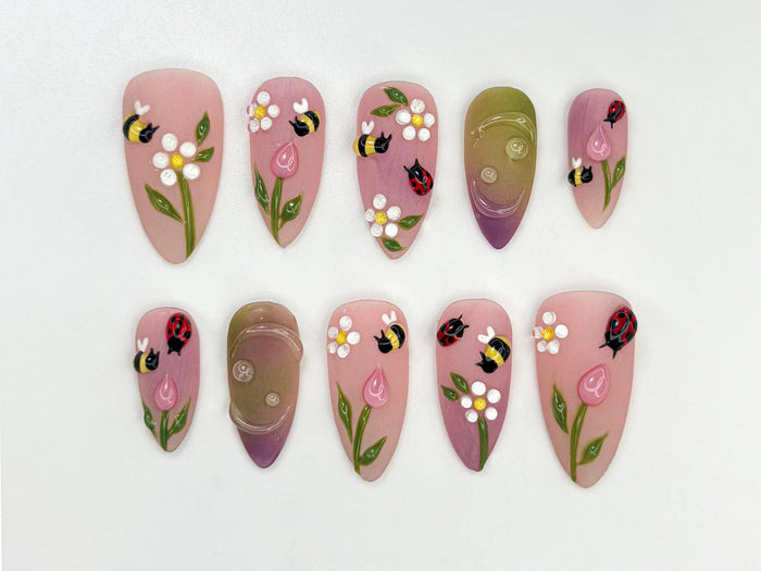 Pink Tulip and Daisy Press On Nails with Bees, Ladybugs, and Ombré Accents