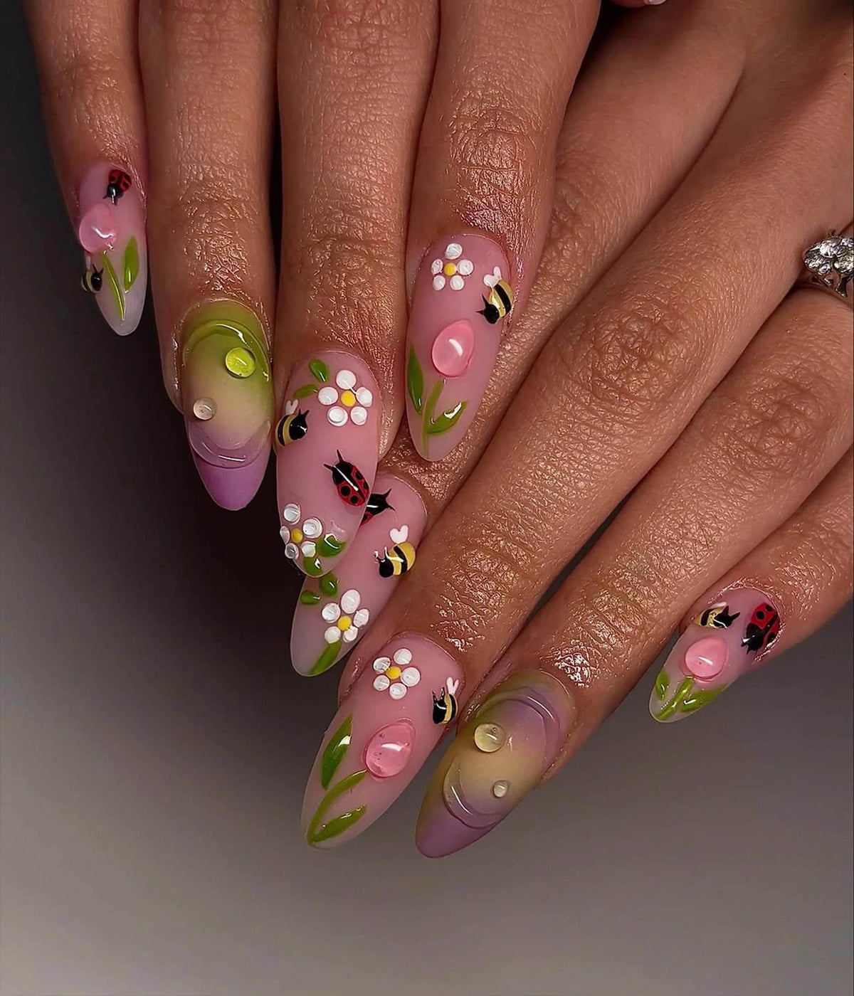 Pink Tulip and Daisy Press On Nails with Bees, Ladybugs, and Ombré Accents