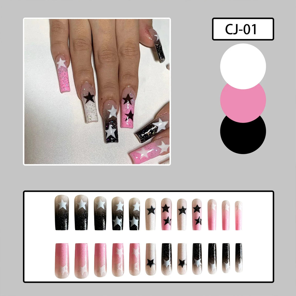 Pink, White, and Black Ombre Star Press-On Nails