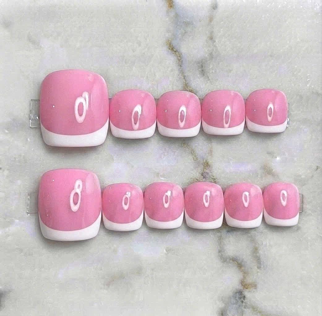 Pink, White, and Olive Green French Tip Press-On Toenail Sets
