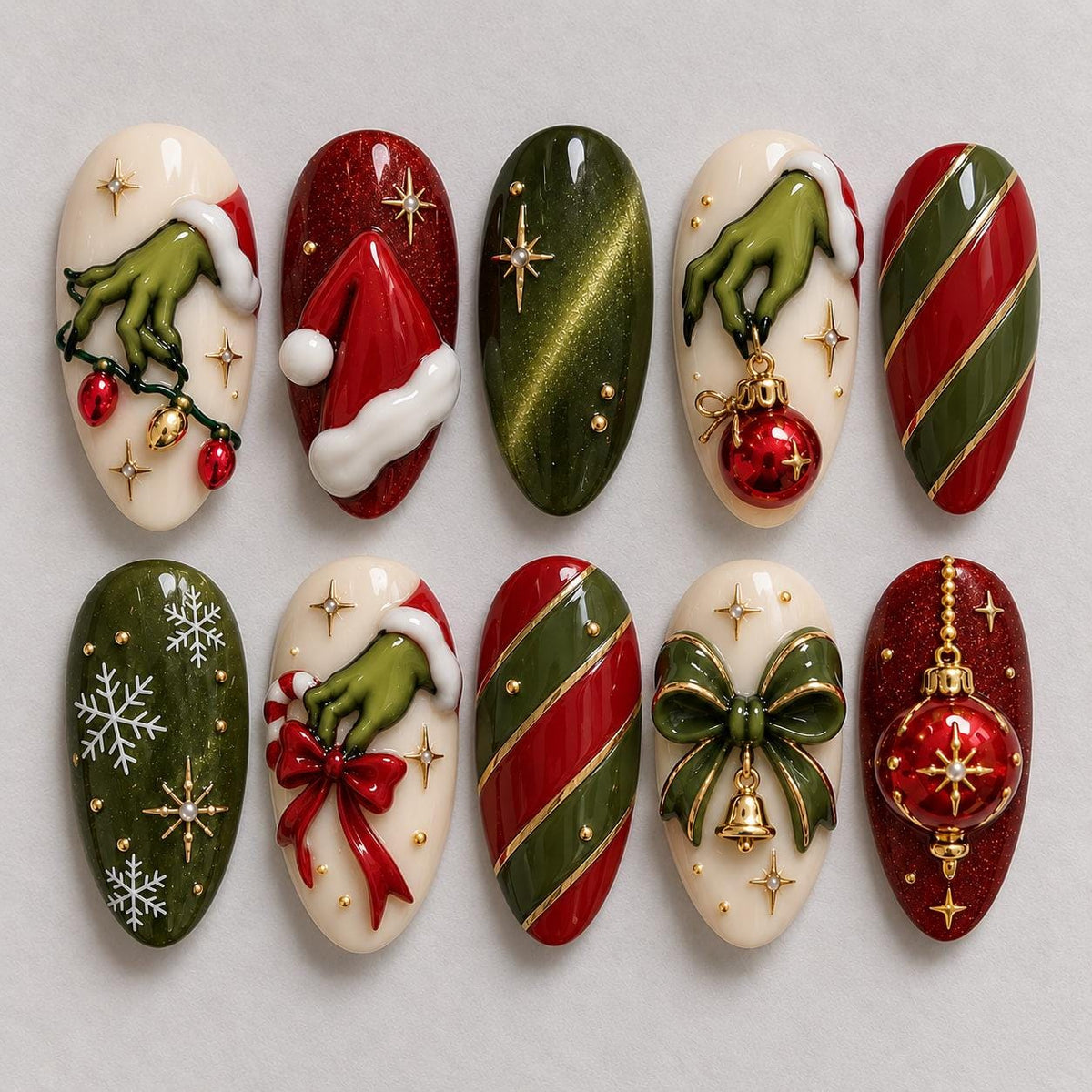 Playful Christmas Nail Set with Candy Cane Stripes, Santa Hats and Ornaments