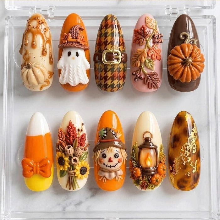 Playful Fall Press On Nails With Ghost, Pumpkin, Scarecrow, and Tortoiseshell Details