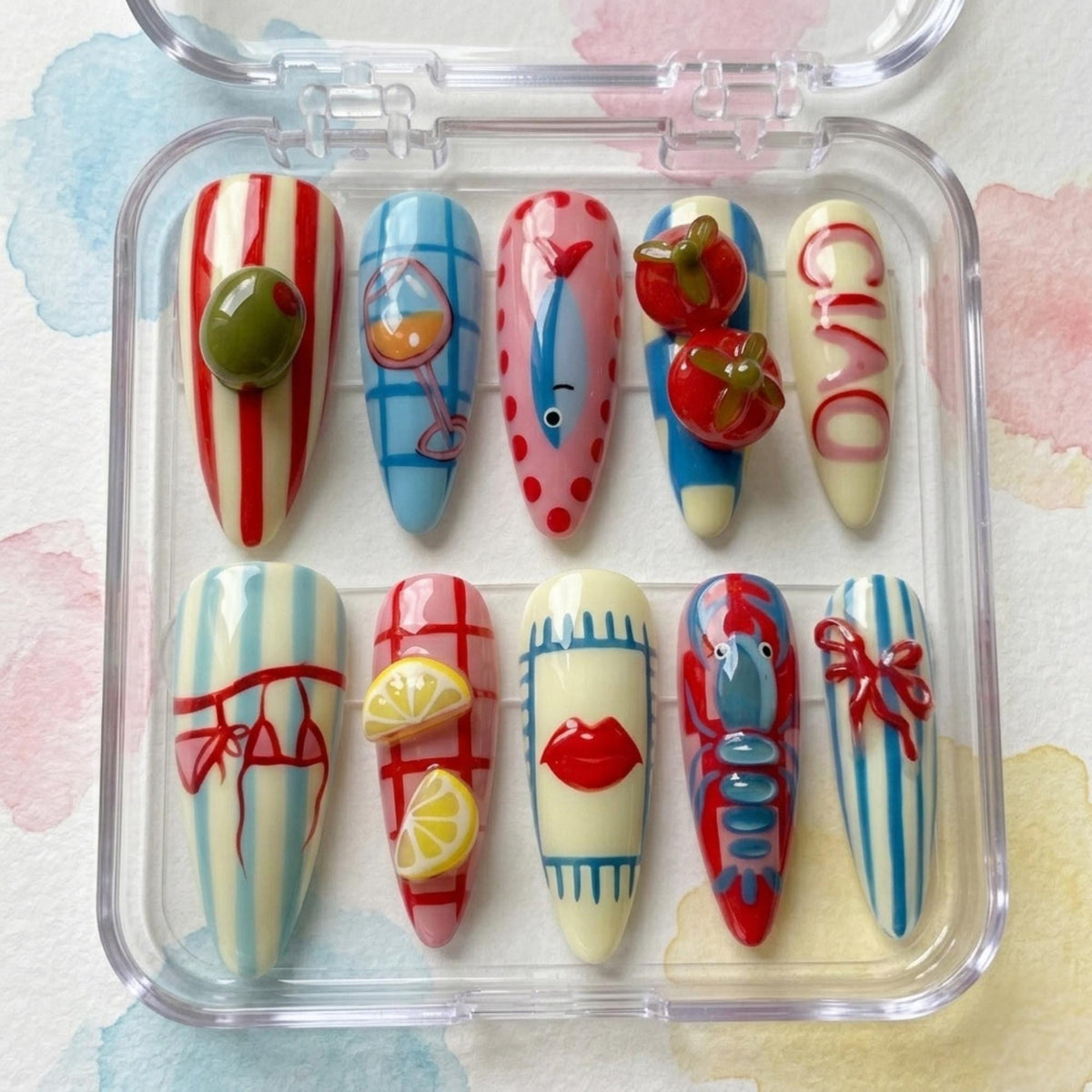 Playful Seaside Press On Nails With Citrus, Lobster, Stripes, and Polka Dots