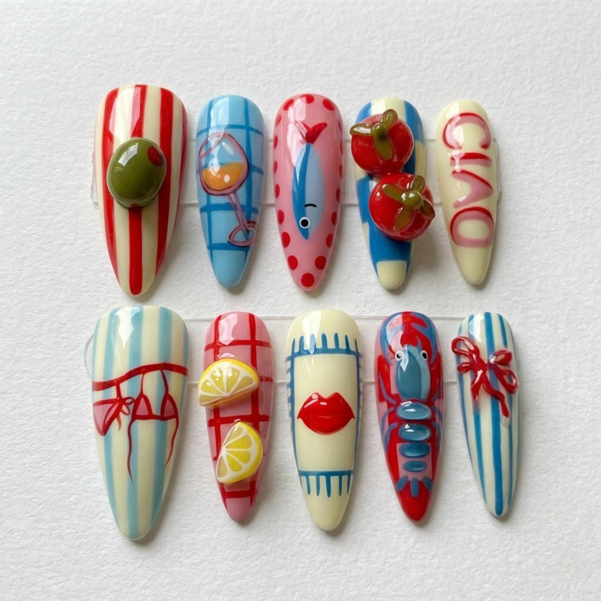 Playful Seaside Press On Nails With Citrus, Lobster, Stripes, and Polka Dots