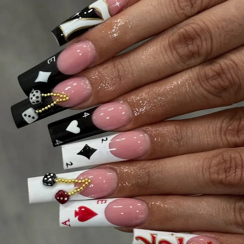 Playing Card French Tip Nails with Dice and Gold-Tone Chain Charms